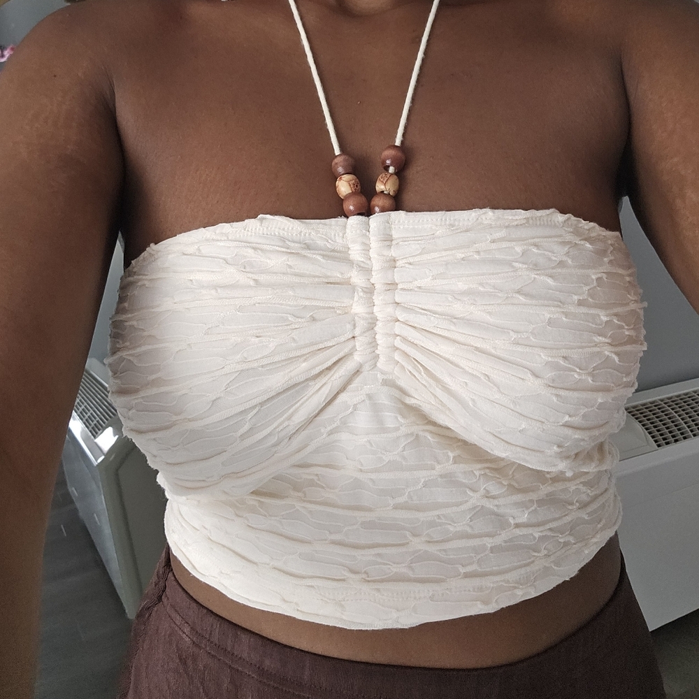Cream Strapless Neck Tie Top